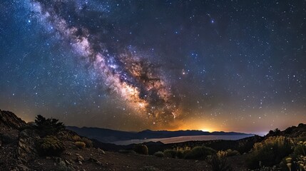 Naklejka premium Stunning Milky Way galaxy illuminating the night sky with vibrant stars, cosmic dust, and glowing nebulae in a serene, remote location under perfect astrophotography conditions