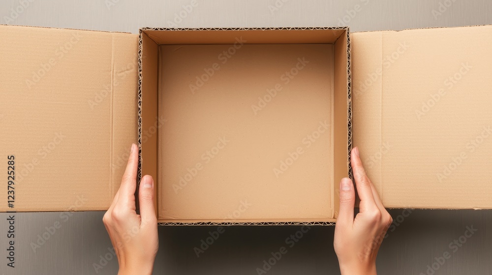 Poster recycle reduction sorting concept. open cardboard box held by hands, ready for use.