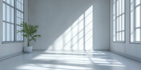 Obraz premium Natural light streaming through large windows in a minimalist room with indoor plant modern design bright atmosphere tranquil environment for relaxation