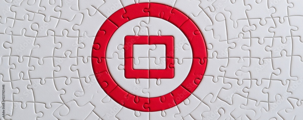 Aufkleber strategy goal framework concept. puzzle featuring a red target design on a white background.