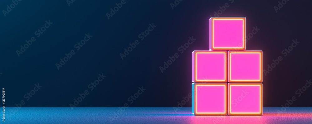Poster strategy decision framework concept. stack of glowing pink cubes against a dark background.