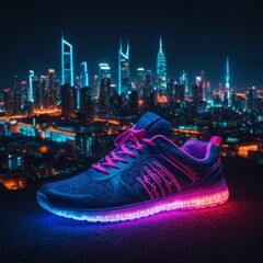 Neon sneakers glowing under UV light with a futuristic city backdrop.