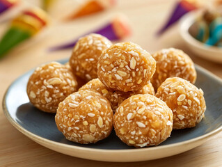A delightful spread of til ladoos and chikki sweets is showcased on a beautifully arranged plate, inviting everyone to indulge in these traditional Indian treats. 