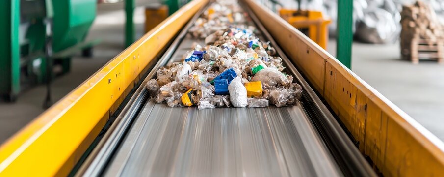 Recycle reduction sorting concept. Conveyor belt transporting sorted waste materials in a recycling facility.