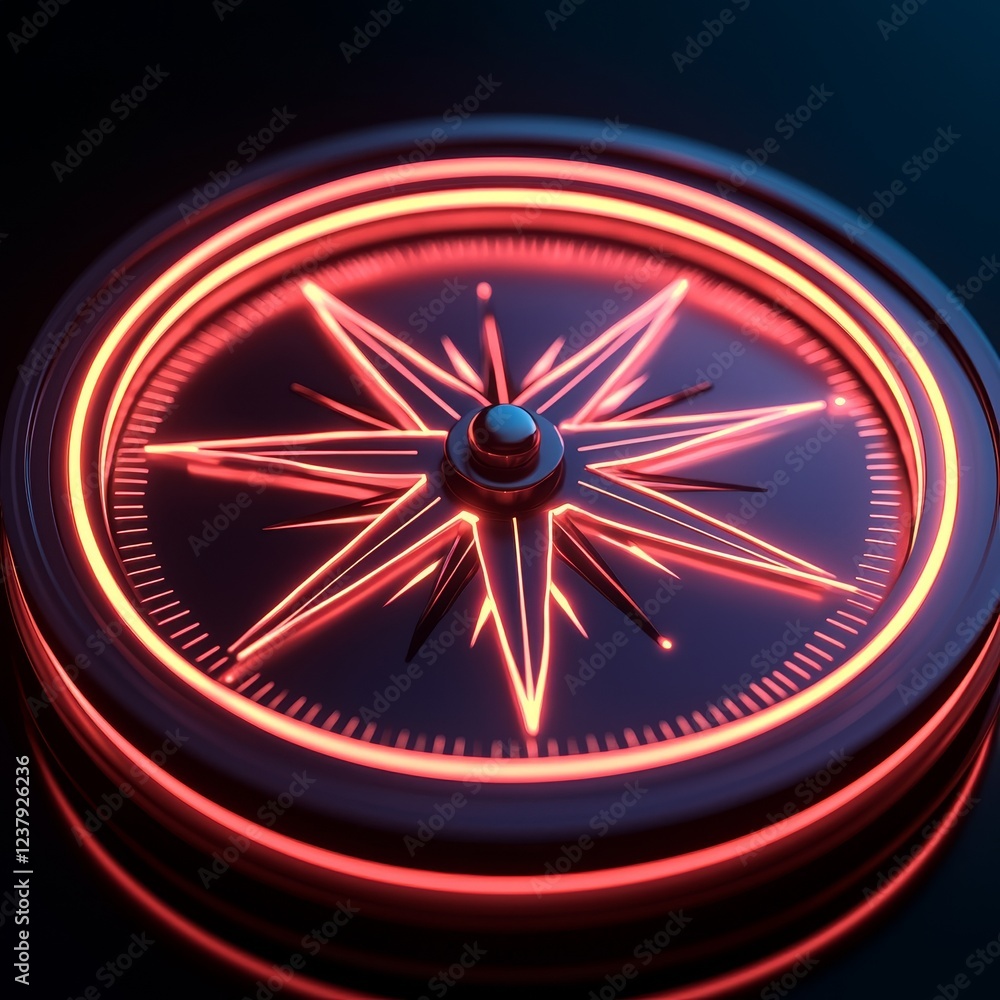 Poster strategy decision framework concept. vibrant compass with glowing design on a dark background.
