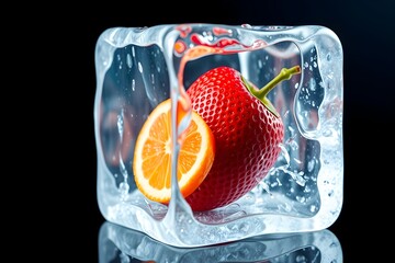 3D render of an ice cube encasing a vibrant orange and fresh strawberry, creating a refreshing visual