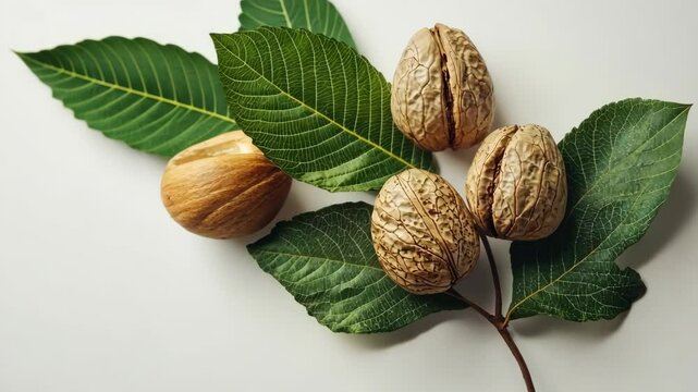 Freshly harvested nuts surrounded by vibrant green leaves on a light background