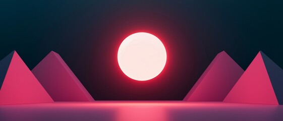 Anticipation vision opportunity concept. Vibrant sunset over geometric mountains in a stylized landscape.