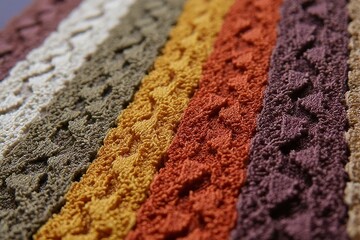 Fototapeta premium Multicolored Textured Fabric Lace Trims Autumnal Hues Close Up Detail Shot