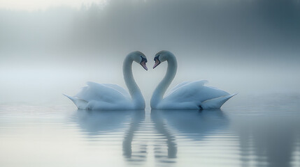 Two swans are swimming in a lake, their heads are facing each other. The water is calm and the sky is cloudy