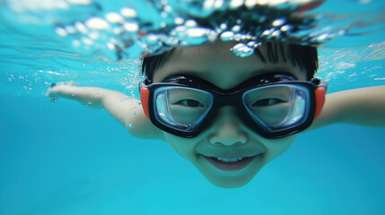 Naklejka premium Asian child swimming underwater with goggles in a clear blue pool