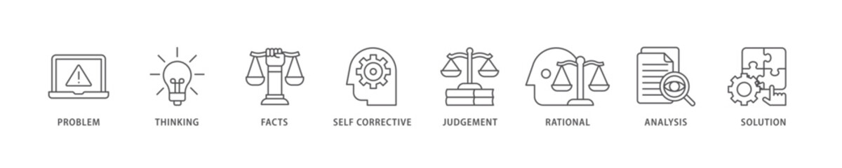 Critical thinking icon set flow process which consists of solution, analysis, self corrective, rational, judgement, facts, thinking, problem icon live stroke and easy to edit .