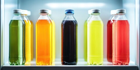A row of colorful bottles of soda are lined up on a shelf