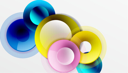 Sleek vector design with overlapping circles in vibrant colors and smooth gradients. Dynamic composition with depth, symmetry, and minimalistic elegance on a light background