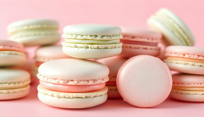 Obraz premium Pastel macarons, delicate French pastries, light pink background, soft focus, closeup photography, food styling, sweet desserts, vanilla and strawberry flavors, stacked macarons, circular confections,