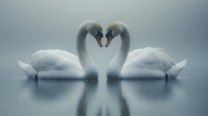Obraz premium Two swans are swimming in a lake, their heads are facing each other. The water is calm and the sky is cloudy