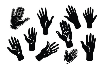 Obraz premium A collection of hand gestures illustrated in black and white silhouettes, showcasing diverse positions and movements