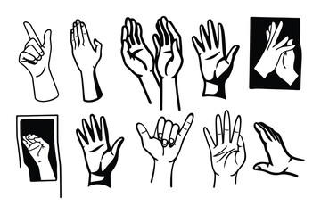 A vector silhouette set of hands raised in various positions, showcasing diverse gestures and expressions