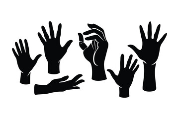 A vector silhouette set of hands raised in various positions, showcasing diverse gestures and expressions