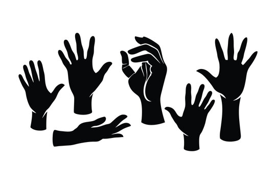 A vector silhouette set of hands raised in various positions, showcasing diverse gestures and expressions