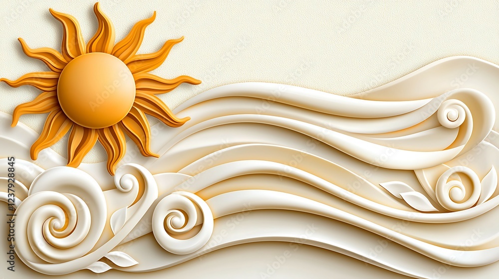 Wall mural a stylized illustration of a sun above flowing waves, featuring intricate swirls and a soft color pa