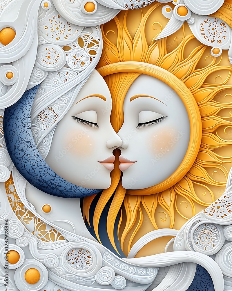 Poster a serene artwork depicting the harmonious connection between a moon and sun, symbolizing balance and