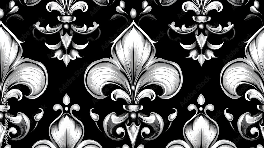 Poster seamless fleur de lys pattern in black and white with the motifs scattered in random orientations, s
