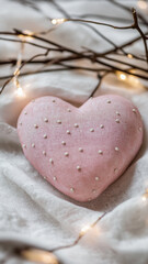 Obraz premium Nestled gently on a bed of soft fabric, a delicate pink heart-shaped object captures attention with its charming details. 