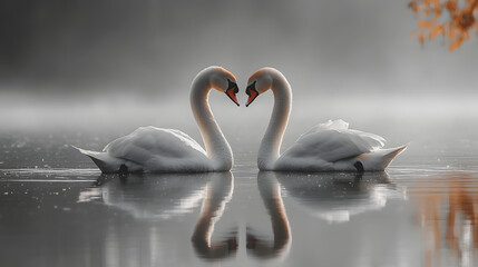 Two swans are swimming in a lake, their heads are facing each other. The water is calm and the sky is cloudy