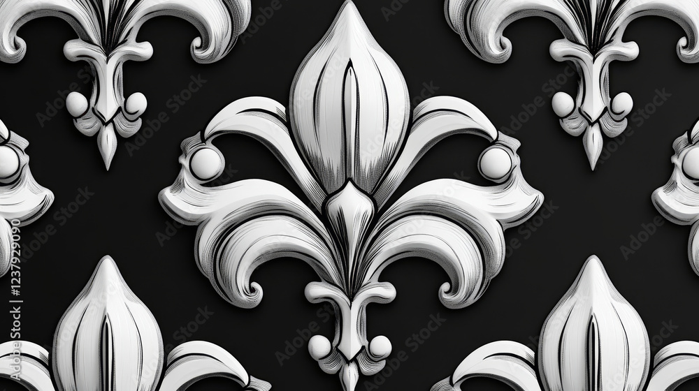 Poster seamless fleur de lys pattern in black and white with the motifs scattered in random orientations, s