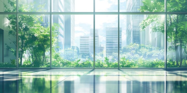Fototapeta A window with a view of a city and a tree