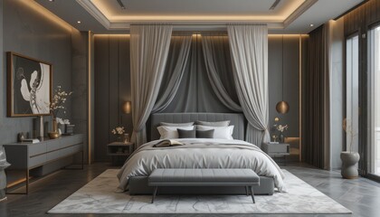  sophisticated bedroom design, slate-gray walls, golden lighting strips, canopy bed, sculptural decor, ultra-detailed realistic image