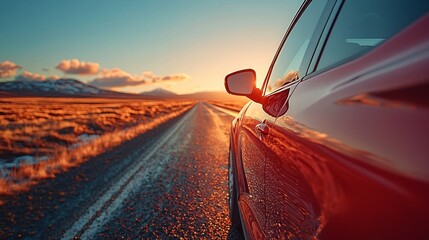 Red car sunset roadtrip, mountain landscape, adventure travel