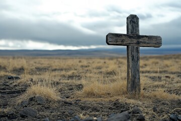Solitary wooden cross open field landscape photography rural setting wide angle reflection on mortality