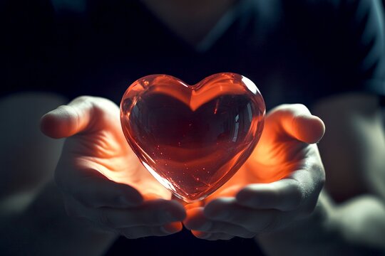 Adult valentine's day greeting card: adult man with grin face holds red heart in hands. Sign of love and affection. Commercial ad visual pattern. Couple making memories. Romantic couple art.