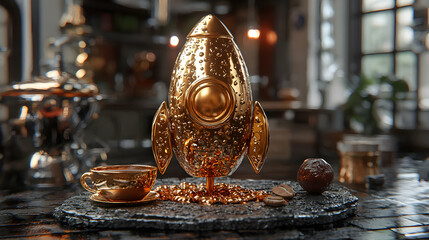 Golden rocket coffee launch, stylish kitchen