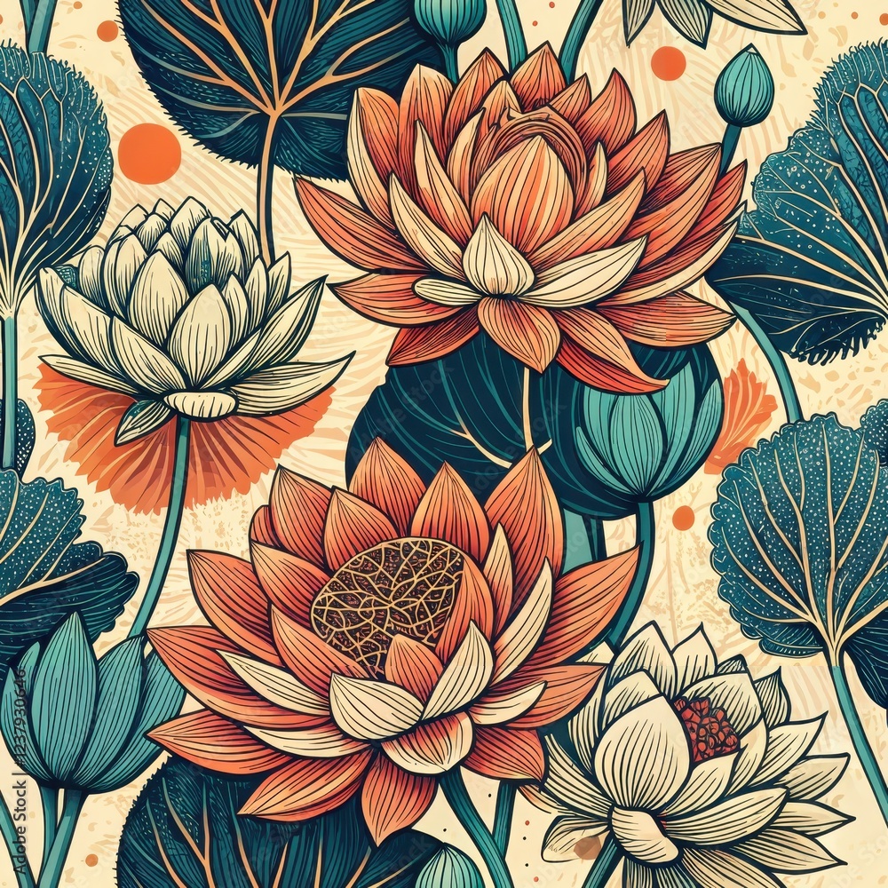 Wall mural Vibrant Vintage Botanical Illustration Lotus Flowers and Aquatic Leaves Seamless Pattern