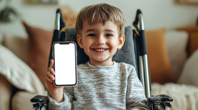 A pretty little disabled boy in a wheelchair holds a cell phone with a white screen in his hand. A phone mockup for the presentation of a mobile application for the disabled. Medicine and healthcare