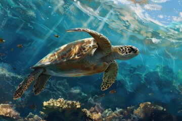 Obraz premium Majestic sea turtle glides through crystal clear ocean waters, bathed in dappled sunlight, a vibrant coral reef below
