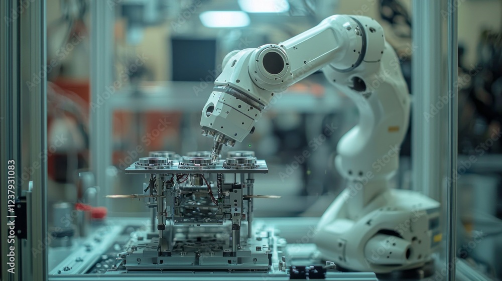 Poster In a sophisticated manufacturing facility, a robotic arm skillfully assembles complex components with precision and efficiency. The environment showcases advanced technology in action
