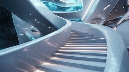 Futuristic Spiral Staircase with Celestial Ceiling