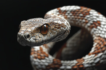 Obraz premium snake on a black background, snake on a blank black background, a snake, snake, cute snake, black background, copy space for add text, 3d rendering, 3d, vector, AI generative