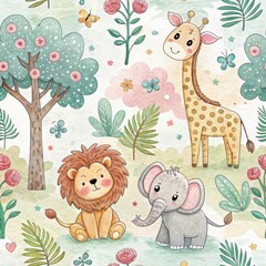 Naklejka premium Adorable Watercolor Safari Animals Lion Elephant Giraffe in Lush Garden