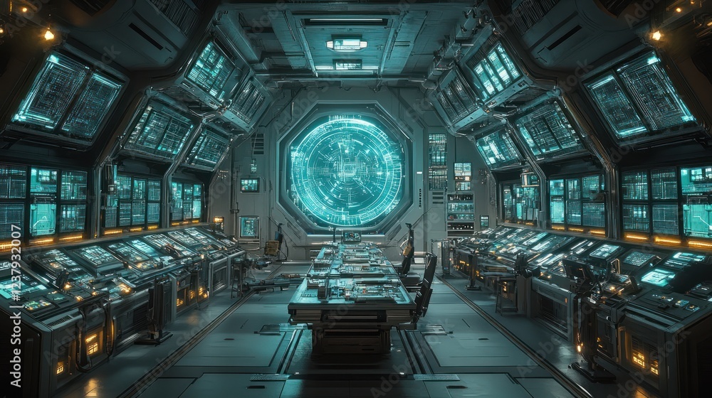 Poster futuristic spaceship bridge: command center design