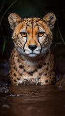 Fototapeta premium A leopard crouching in the water, its eyes focused and intense, blending seamlessly with its surroundings. The scene captures the power and stealth of the predator in a natural, wild setting