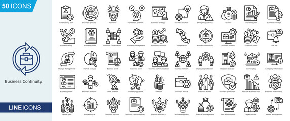 Business Continuity icon collection Line Style. Contingency plan, business process , resilience, hypothesis problem, business strategy, business solution