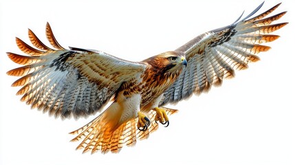 Red-tailed hawk in flight, wings spread wide, white background, wildlife imagery
