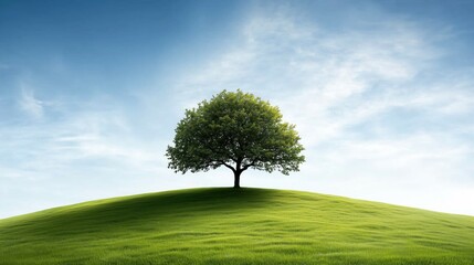 Obraz premium Lone tree on a green hill under a clear blue sky with soft clouds. Tranquility and environmental inspiration.