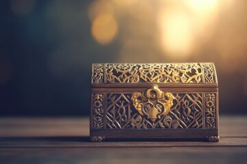 Ornate Vintage Decorative Jewelry Box on Wooden Surface