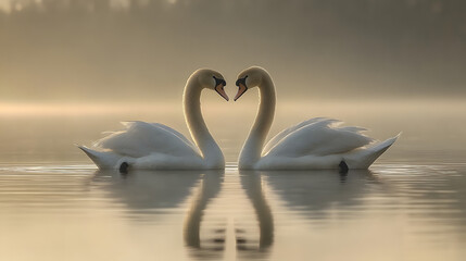 Fototapeta premium Two swans are swimming in a lake, their heads are facing each other. The water is calm and the sky is cloudy
